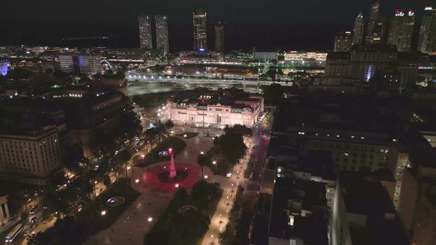 Aerial Drone Fly Above Pink House and Plaza de Mayo at Night Buenos Aires City Argentina Microcentro Business Center, Nighttime