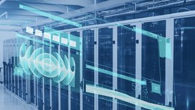 Animation of graph, profile icons, soundwaves and changing numbers over server room. Digital composite, multiple exposure, report, business, growth, technology and network server concept. - Powered by Shutterstock - Get 15% off with code: PIKWIZARD15