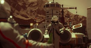 The Red Planet Mars. An astronaut dances in front of the space station. Futuristic Spaceship Landing on Mars Base. Mars Colonization Concept. 3D Rendering. High quality 4k footage. 3D Illustration