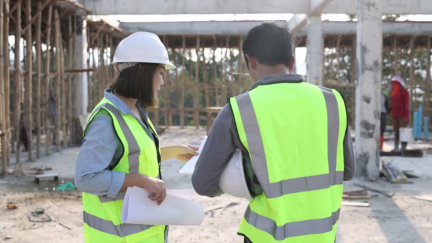 Construction engineers discussing project at construction site, Building construction collaboration concept, Video 4k slow motion. Royalty-Free Stock Footage #1102224359