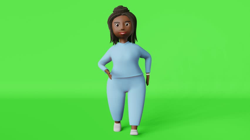 African American body positive woman 3D animation character racewalking 4K loop on chromakey. Multiracial plus size diverse girl in sportswear walking cycle. Healthy active lifestyle weight loss walk.