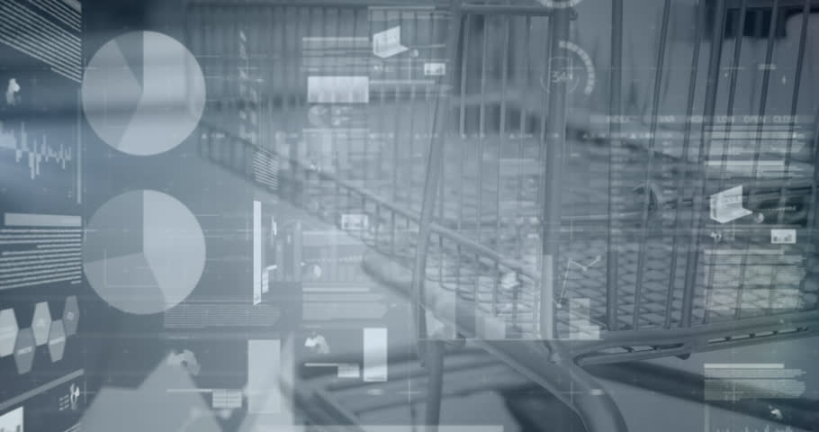 Animation of financial data processing over shopping cart. Global retail, finances and digital interface concept digitally generated video.