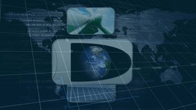 Animation of hand touching screens with globe, financial data processing and wind turbine over map. Global ecology, finances and digital interface concept digitally generated video. - Powered by Shutterstock - Get 15% off with code: PIKWIZARD15