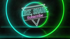 Animation of like share subscribe text over neon circles on black background. Abstract background, color and movement concept digitally generated video. - Powered by Shutterstock - Get 15% off with code: PIKWIZARD15