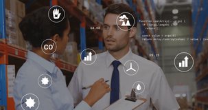 Animation of eco icons and data processing over diverse man and woman working in warehouse. Global shipping, business, finance, computing and data processing concept digitally generated video.
