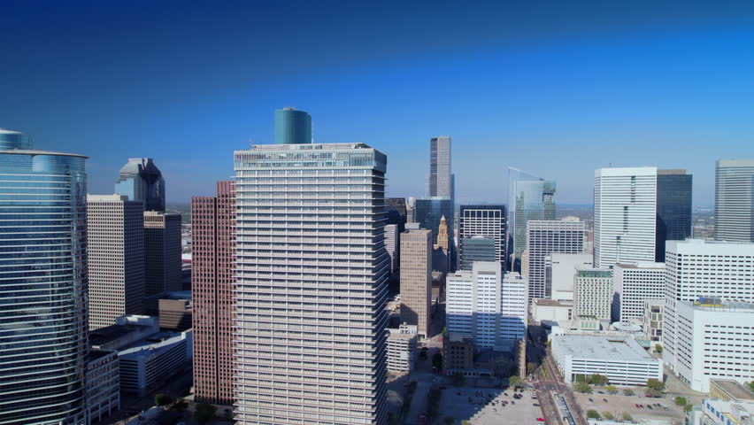 Aerial view of downtown Houston during a good sunny day. Buildings in centre big city.
