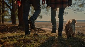 Forest park dog walk with two hiker foot. journey concept. two hiker and pet dog walking in sneakers through the park. pet dog walk journey concept lifestyle. hiker sneakers walking close-up park - Powered by Shutterstock - Get 15% off with code: PIKWIZARD15