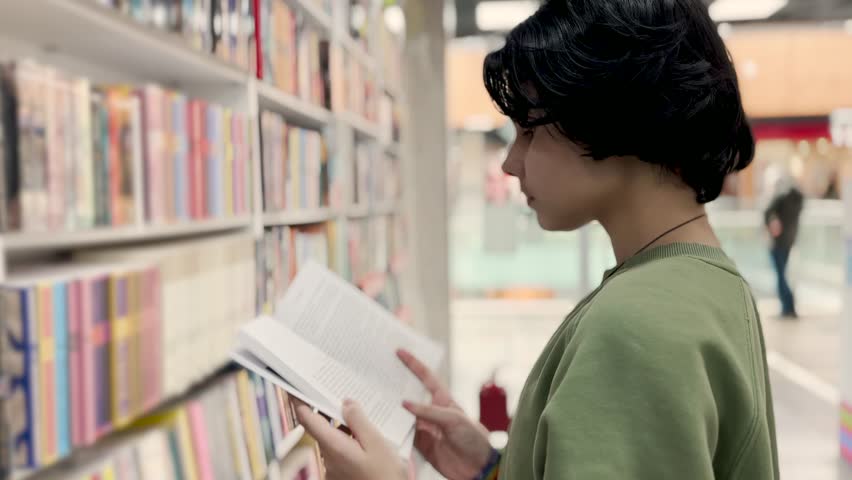 teen girl chooses book in a bookstore. education training concept. teenage girl chooses the next book. student next to bookshelves with books reading a book lifestyle Royalty-Free Stock Footage #1102239827
