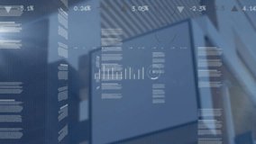 Animation of screens with data processing against tall buildings. Computer interface and business technology concept - Powered by Shutterstock - Get 15% off with code: PIKWIZARD15