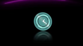Animation of neon ticking clock icon and purple light trails against black background. Computer interface and business technology concept - Powered by Shutterstock - Get 15% off with code: PIKWIZARD15