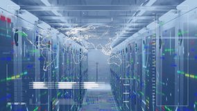Animation of data processing with world map and moving columns over server room. Global technology, computing and digital interface concept digitally generated video. - Powered by Shutterstock - Get 15% off with code: PIKWIZARD15