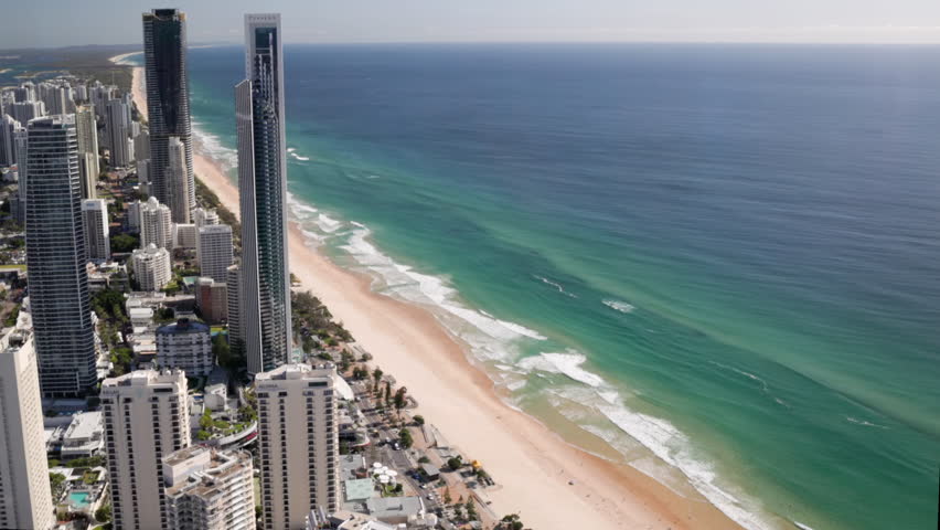 a view looking north of main beach surfers paradise from Q1 building on a sunny morning in queensland, australia
