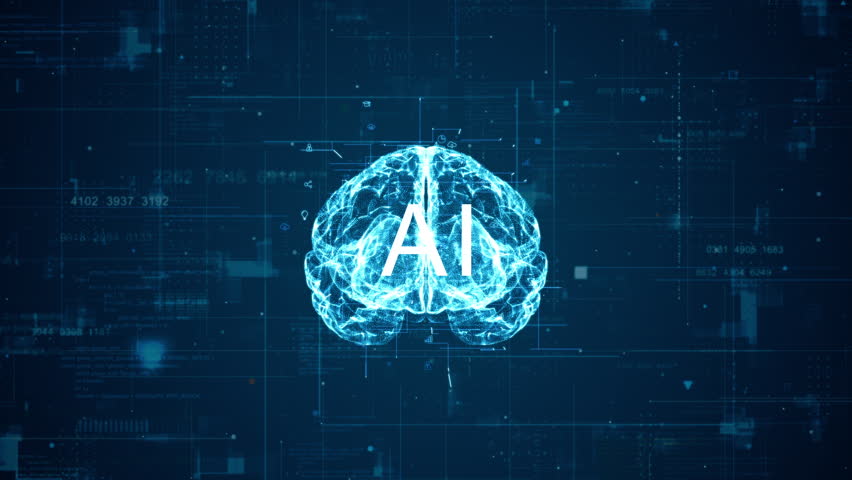 Motion graphic of 3D blue particle digital brain logo with artificial intelligence (AI) and grid line with technology icon rotation on futuristic HUD background abstract background concept