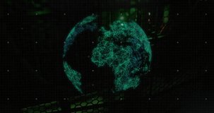 Animation of globe spinning and glowing spots with data processing. Global business, finances, computing and data processing concept digitally generated video.