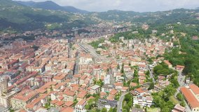 Inscription on video. La Spezia, Italy. View of the city, mountains. Heat burns text, Aerial View