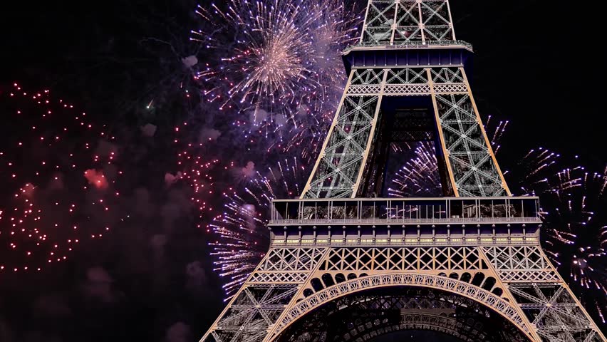 Celebratory colorful fireworks over the Eiffel Tower ( time lapse, with zoom)  in Paris, France 