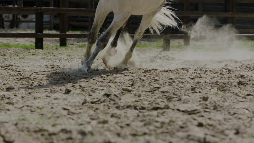Horse hooves run through sand in slow motion HD. Long shot tracking of horse hooves in focus while plow through sand while galloping. Close up shot. Royalty-Free Stock Footage #1102251747