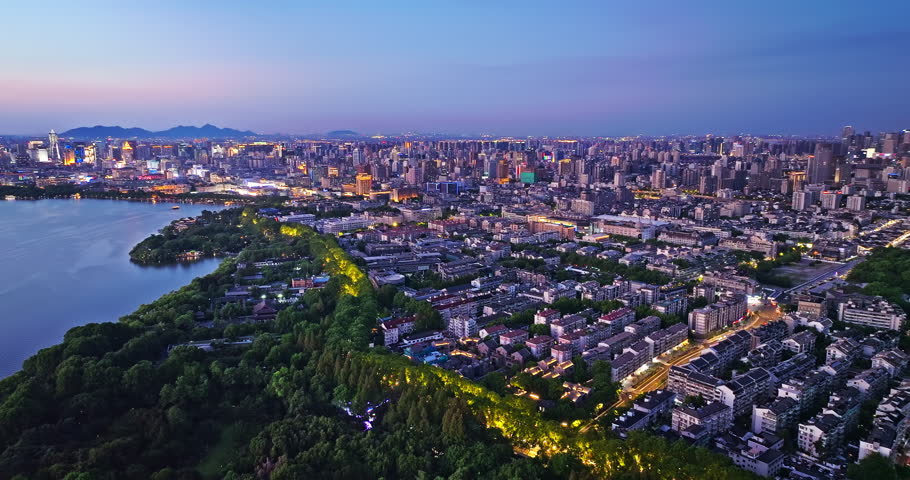 Aerial view of Hangzhou skyline and buildings scenery at sunset, Zhejiang Province, China.