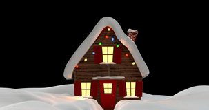 Animation of colourful fireworks exploding over house in snow at christmas, on black background. christmas, celebration and tradition concept digitally generated video.