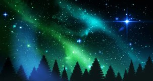 Animation of green christmas and new year fireworks exploding over trees in starry night sky. christmas, new year, celebration, party and tradition concept digitally generated video.