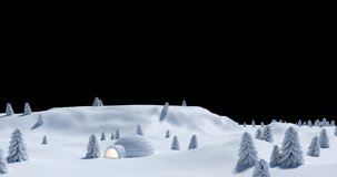 Animation of yellow and green christmas and new year fireworks in night sky over igloo in snow. christmas, new year, celebration, party and tradition concept digitally generated video.
