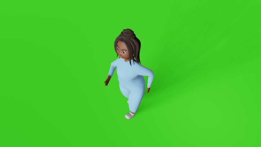 African American body positive woman 3D animation character racewalking 4K loop on chromakey isometric view. Multiracial plus size diverse girl sport walking cycle. Active lifestyle weight loss walk.