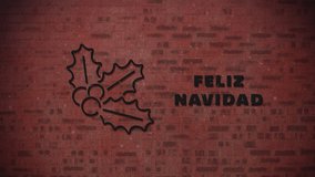 Animation of neon christmas seasons greetings in spanish and decorations over brick wall. christmas tradition and celebration concept digitally generated video.