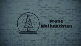 Animation of neon christmas seasons greetings in german and decorations over brick wall. christmas tradition and celebration concept digitally generated video.