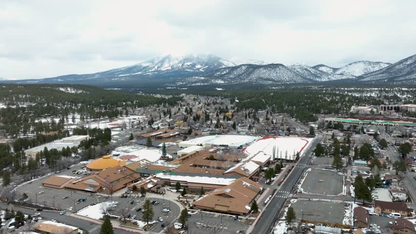 Aerial view of downtown Flagstaff, AZ with the Humphrey