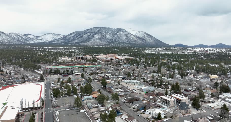 Aerial view of downtown Flagstaff, AZ with the Humphrey