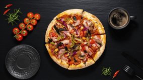 Fresh and hot Pizza. Pizza slices disappear. Stop motion animation