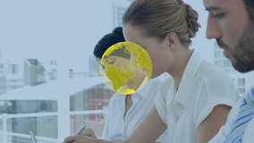 Animation of rotating globe and data processing over business colleagues writing in office meeting. global business, digital data and communication concept, digitally generated video. - Powered by Shutterstock - Get 15% off with code: PIKWIZARD15