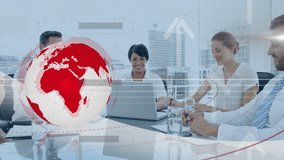 Animation of rotating globe and data processing over business colleagues clapping at office meeting. global business, digital data and communication concept, digitally generated video.