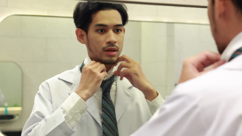Portrait Asian man doctor getting dressed in restroom looking at mirror at hospital and wellness center. wellness center and hospital. healthcare and medicine