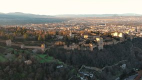 Aerial view of the famous Alhambra palace and fortress in Granada, Andalusia, in Spain. Beautiful sunny morning