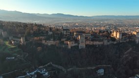 Aerial view of the famous Alhambra palace and fortress in Granada, Andalusia, in Spain. Beautiful sunny morning