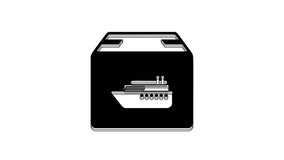 Black Cargo ship with boxes delivery service icon isolated on white background. Delivery, transportation. Freighter with parcels, boxes, goods. 4K Video motion graphic animation.