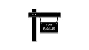 Black Hanging sign with text For Sale icon isolated on white background. Signboard with text For Sale. 4K Video motion graphic animation.