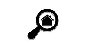Black Search house icon isolated on white background. Real estate symbol of a house under magnifying glass. 4K Video motion graphic animation.