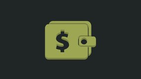 Green Wallet with dollar symbol icon isolated on black background. Purse icon. Cash savings symbol. 4K Video motion graphic animation.