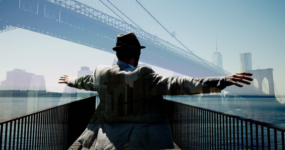 One Man in Vintage Style Walking on Urban Bridge Road in Surreal Unreal World Background - Overlay Blending Effect - Multi Exposure Effect - Male Person Wearing A Hat And Suit