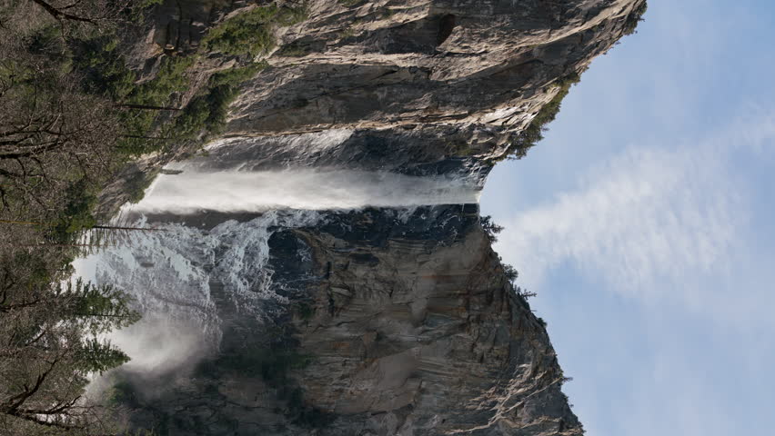Time lapse vertical composition of Bridalveil Falls in Yosemite National Park in California, USA