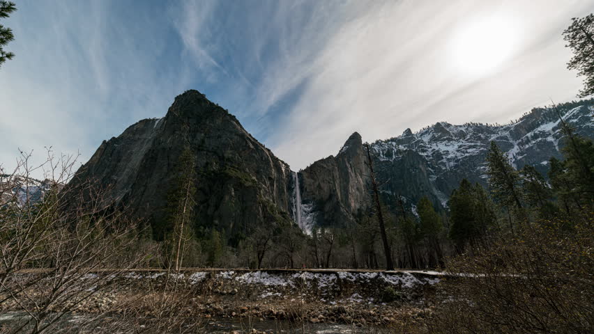 Time lapse wide angle of Bridalveil Falls in Yosemite National Park in California, USA