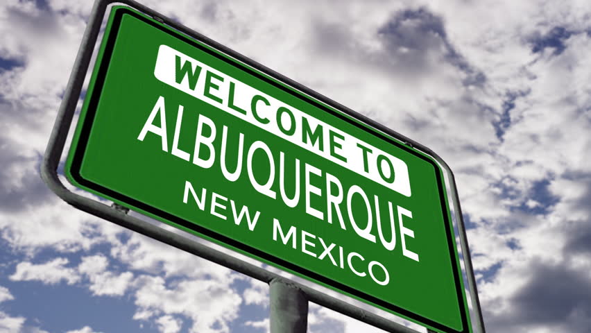 Welcome to Albuquerque New Mexico, US Road Sign Close Up, Realistic 3D Animation