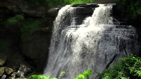 Cuyahoga Valley National Park Powerful Brandywine Falls River Rocks Waterfall In Dark Green Wooded Forest