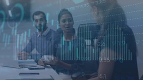 Animation of statistical data processing against biracial woman talking to colleagues at office. Business data technology concept - Powered by Shutterstock - Get 15% off with code: PIKWIZARD15