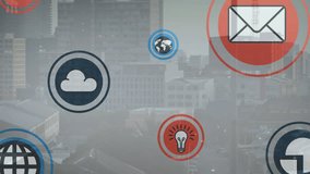 Animation of multiple digital icons floating against aerial view of cityscape. Computer interface and business technology concept - Powered by Shutterstock - Get 15% off with code: PIKWIZARD15