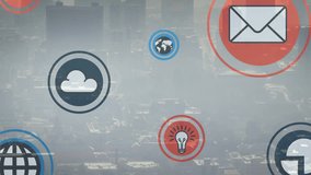 Animation of multiple digital icons floating against aerial view of cityscape. Computer interface and business technology concept - Powered by Shutterstock - Get 15% off with code: PIKWIZARD15