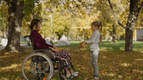 Girl with long braids throws up autumn leaves heap above mother in wheelchair. Couple raises hands laughing joyfully. Family recreation in nature Stock Video