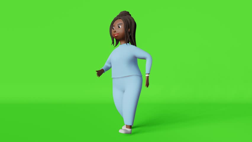African American body positive woman 3D animation character racewalking 4K loop on chromakey 45 degrees view. Multiracial plus size diverse girl sport walking cycle. Active lifestyle weight loss walk.